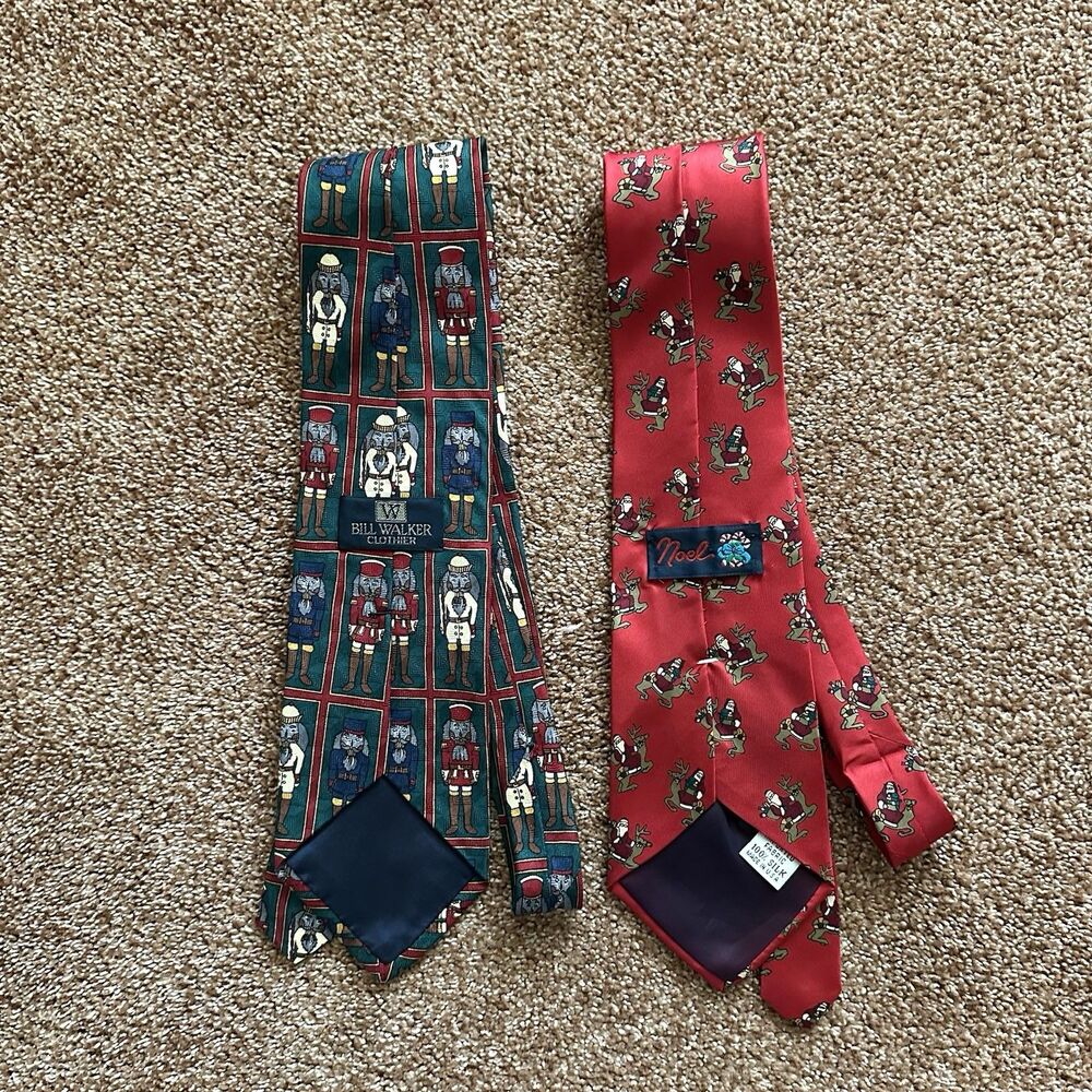 Silk Christmas Neckties Men’s Set Of 2 Holidays Nutcrackers & Santa On Reindeer